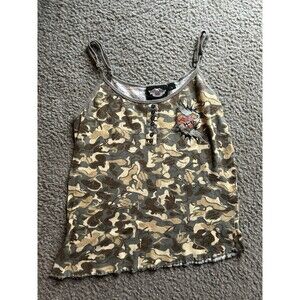 Harley Davidson Women's Large Y2K Camo Crop Tank Top Camouflage Logo Graphic